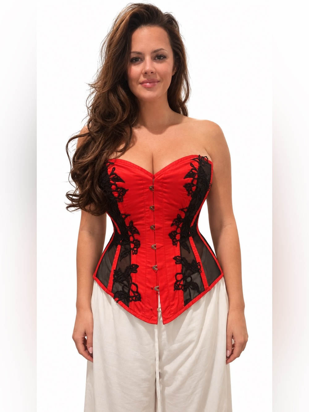Strapless Red Corset with Black Lace Accents - Women Shapewear